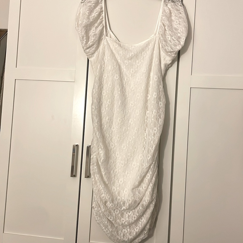 Ruched Lace Minidress In Ivory - Picture 6 of 8